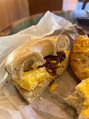 Toasted bacon egg and cheese bagel Uptowner