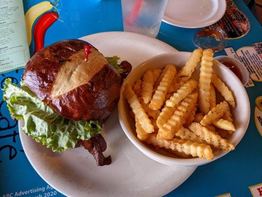 Bacon Blue Burger with crinkle fries. $11