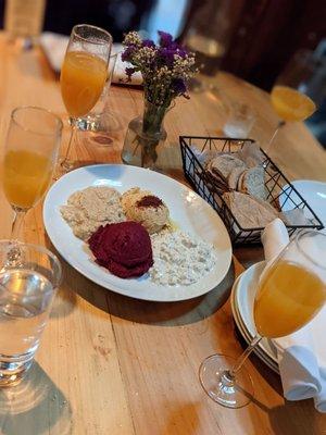 Mezze Plate : Baba Ganoush, Hummus, Beet Hummus, Tzatziki Peach Bellini