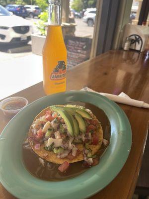 Shrimp/fish ceviche tostada.