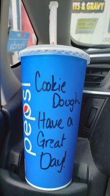 Cute message written on my Cookie Dough shake