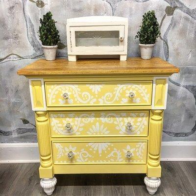 Hand painted chest with a whimsical folk art design in Annie Sloan paints