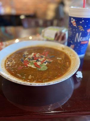 Bowl chicken tortilla soup & red velvet cake