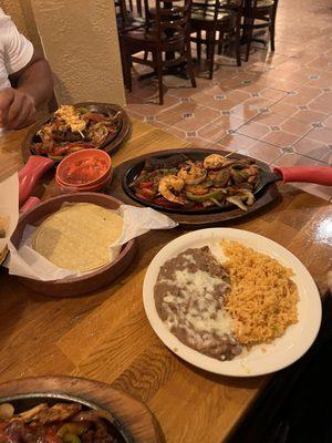 Steak , shrimp, chicken with grilled vegetables