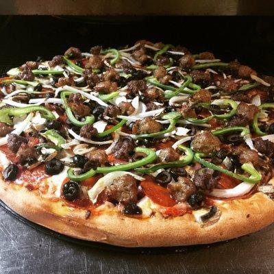 Supreme Pizza: Red Sauce, Mozzarella Cheese Salami, Pepperoni, Mushrooms, Green Peppers Yellow Onions, Black Olives, Beef, Italian Sausage