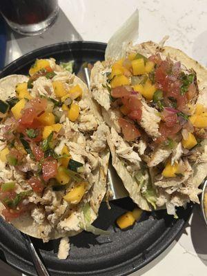 Shredded grilled chicken tacos with mango salsa and pico de gallo  so good!!