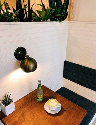 Orange Blossom Water Matcha Latte & Topo Chico....in the cutest little booth of all time