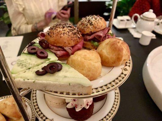 Afternoon Tea: Filet Mignon Brioche sandwiches, Cucumber sandwiches, Gougères filled with herbed goat cheese