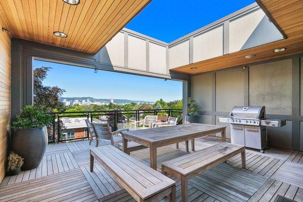 Rooftop deck with downtown Portland views