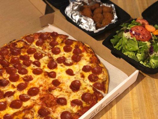 Old world pepperoni pizza, House Salad, and Breaded Mushrooms