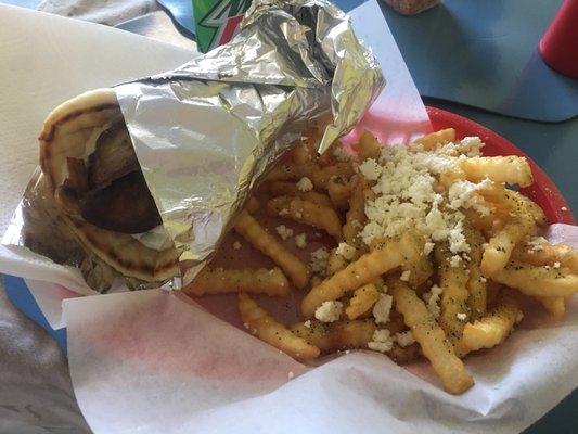 Swiss Alps gyro with lamb and a side of French fries (with Feta).