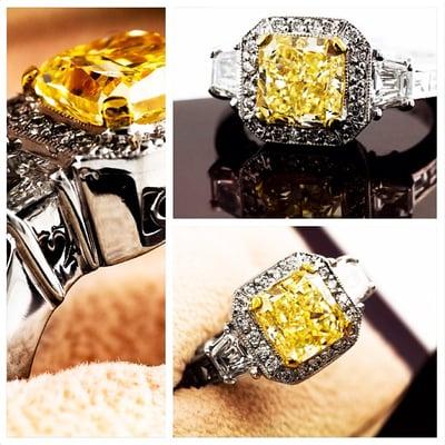 3.5ct VS2 Radiant cut yellow diamond. Custom mounting.