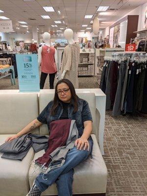 Here's a pic of me drowning in pants and the mannequins behind feeling sorry for me. But good news, seats were comfortable.