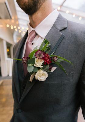 Boutonniere, custom ribbon wrap, mixed flowers, natural, eucalyptus