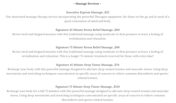 Our massage prices. Book your appointment today.