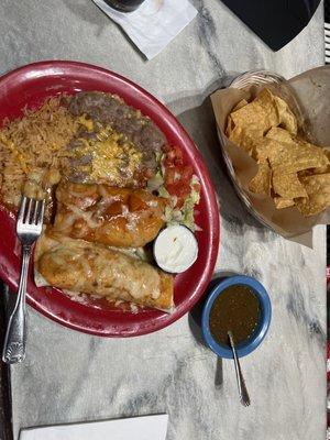 Combo of two burrito chicken and chile relleno delicioso come and enjoy a delicious meal ,