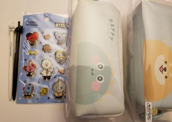 cute pencil cases, bts stickers, kitty pens