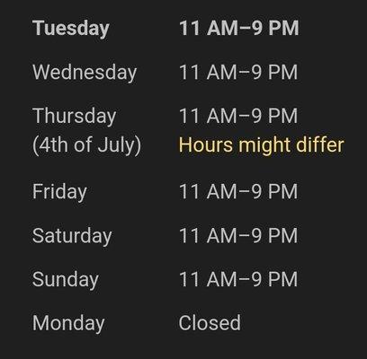 Operating Hours (as of 7/2024)