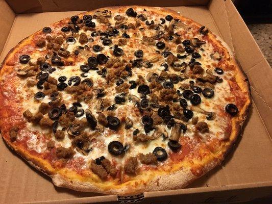 My favorite - Italian Sausage, Mushrooms and Olives!