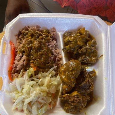 Curry chicken, Rice and beans, Steamed Cabbage