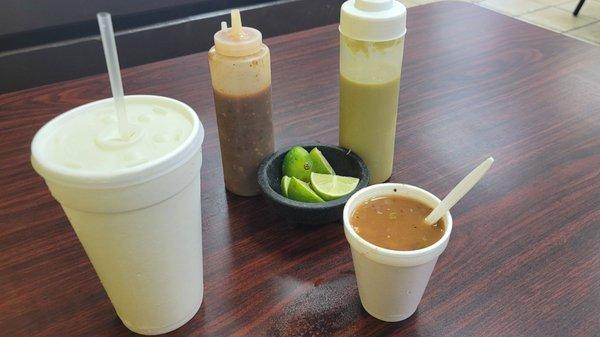 Frijoles charros, drink and salsas