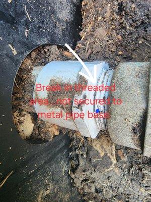 The pipe was not secured to the metal pipe base, and it does not appear plumbers' tape is applied. The threaded area is the weakest poin