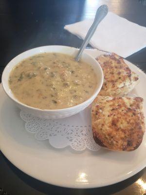 Bowl Sausage soup and killer bread