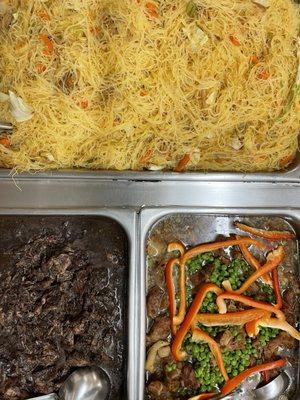 Pancit, Dinuguan, Pork and peas.