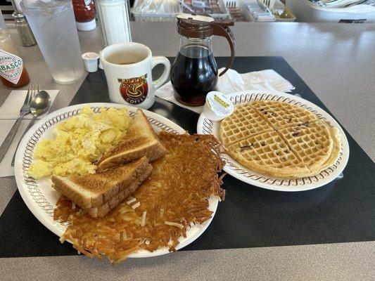 All Star Breakfast- scrambled eggs extra crispy, hash browns and pecan waffle. Comes with Bacon or sausage.