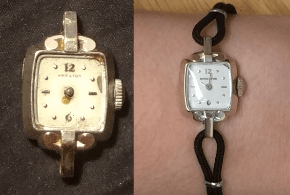 Vintage ladies Hamilton watch before and after.