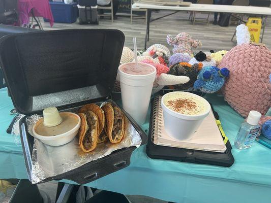 Birria tacos, esquites, watermelon agua fresca