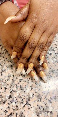 She requested for a new look with Golden umbre gel and gems.