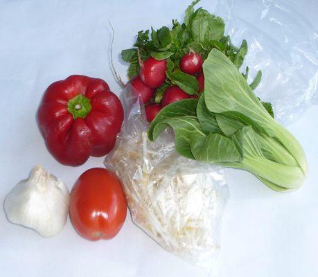 garlic bulb, red bell, tomato, radish bunch, sm. baby bok choy, and a couple handfuls bean sprouts [sold by bulk]: total=$3.40 on 4/27/2023