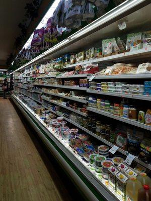 Varieties of cheese, vegan items,  juices, yogurt etc.