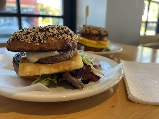 Vegan egg and sausage bagel sandwich and ham and egg bagel sandwich. Delicious!