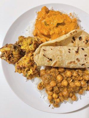 Chicken Tikka Masala Chana Masala Roti and Vegetable Pakora