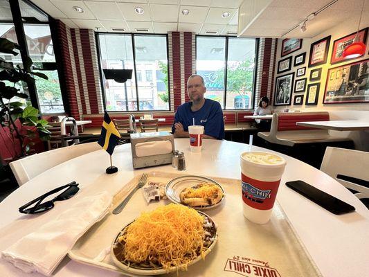 My hubby with my 6-Way and Chili Cheese Sandwich