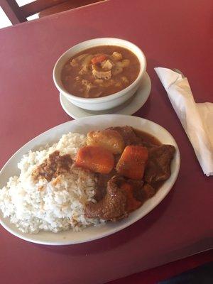 Carne guisada y sopa de mondongo