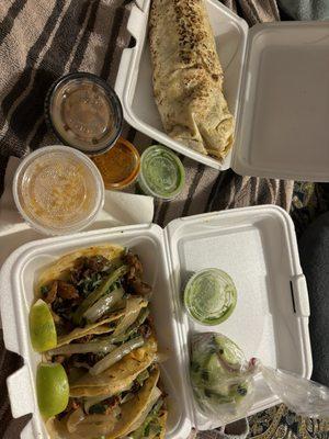 Mixed beef burrito, Al pastor taco and chorizo tacos