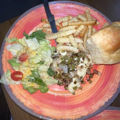 Grilled chicken with peppers, onions cheese w/salad and fries and roll