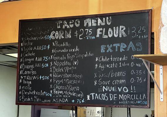 Taco Menu as of 6.27.2024