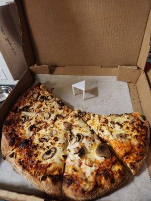 Chicken and mushroom pizza.