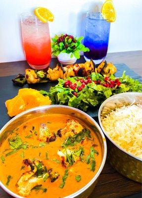 Chicken Tikka Masala (G,N) Mango Habanero Chicken Tikka (N, G) Marigold Butterfly Pea Flower Ice Tea