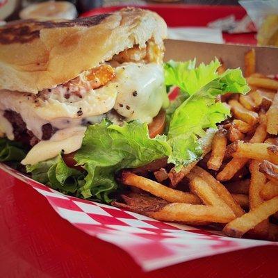 Three Shrimp Burger with string fries