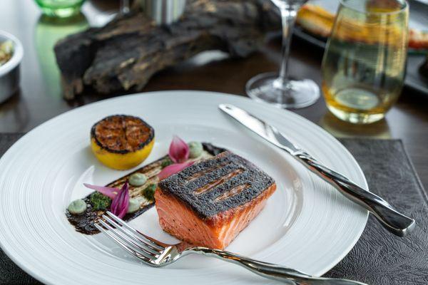 Alder + fruit wood grilled King salmon