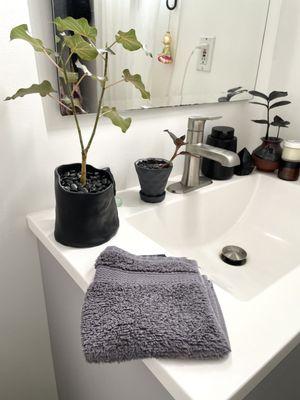 Bathroom with fresh towels and hand soap