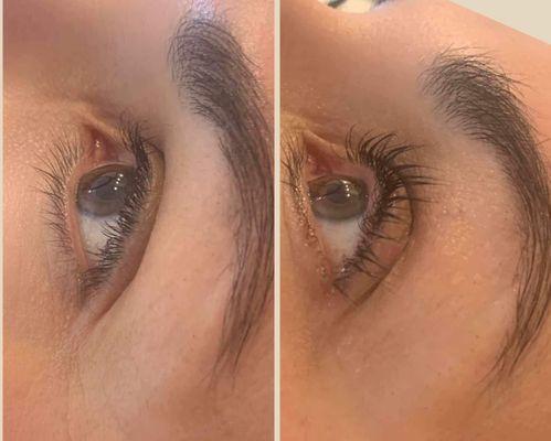 Before and after a lash lift and tint.