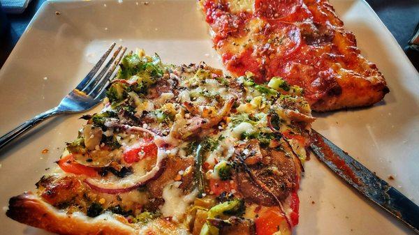 Veggie pizza and meat lover's pizza