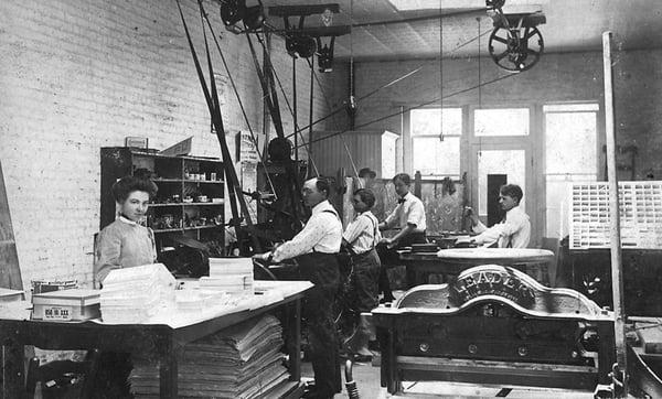 J. E. Barrett and staff of Barrett's Printing House. Circa 1904