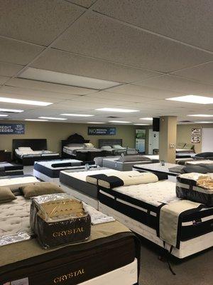 Inside of our floor mattress lineup.  Staring American Star, Simmons, Serta, and Golden mattress.